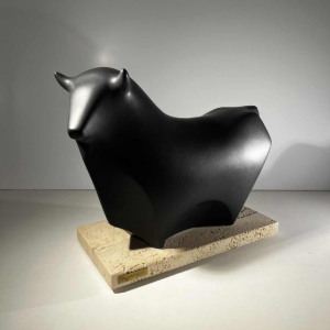 Vicente Agullo / Porta Celi, bull / black bizon sculpture, porcelain ceramic, travertine base, ca 1970