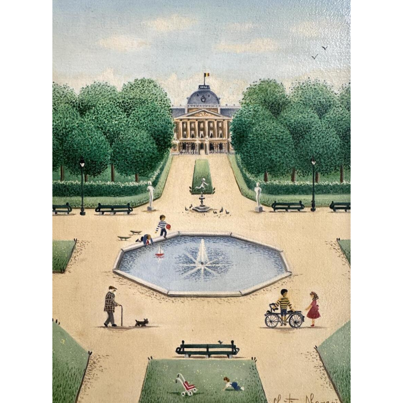Christine DHANANI « Le Palais Royal et le parc de Bruxelles animé » peinture sur toile art naïf