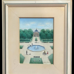 Christine DHANANI “Het Koninklijk Paleis en het levendige park van Brussel” schilderij op doek, naïeve kunst