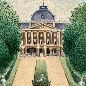 Christine DHANANI “Het Koninklijk Paleis en het levendige park van Brussel” schilderij op doek, naïeve kunst