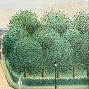 Christine DHANANI “Het Koninklijk Paleis en het levendige park van Brussel” schilderij op doek, naïeve kunst