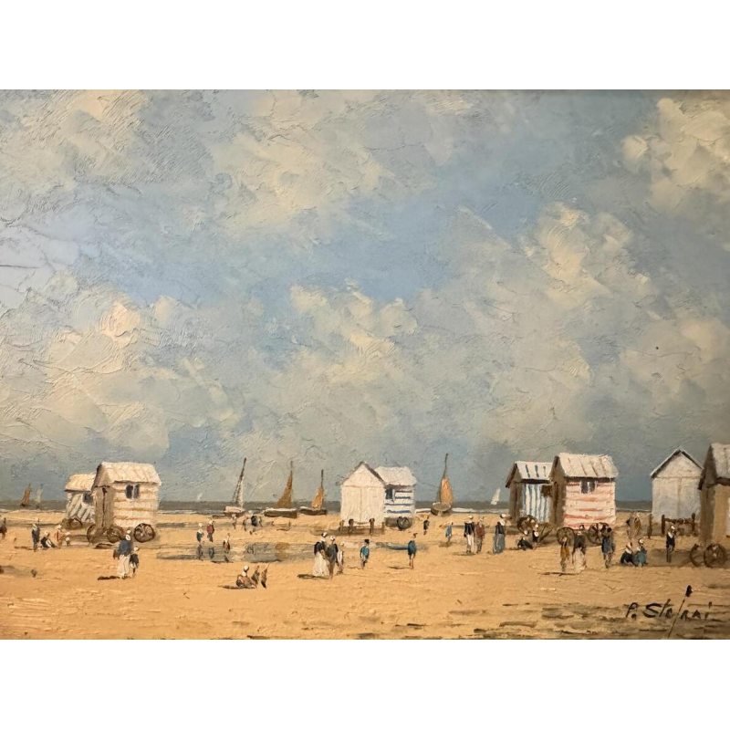 Pierre STEFANI «Le Touquet - cabines de plage à marée basse» peinture huile sur bois