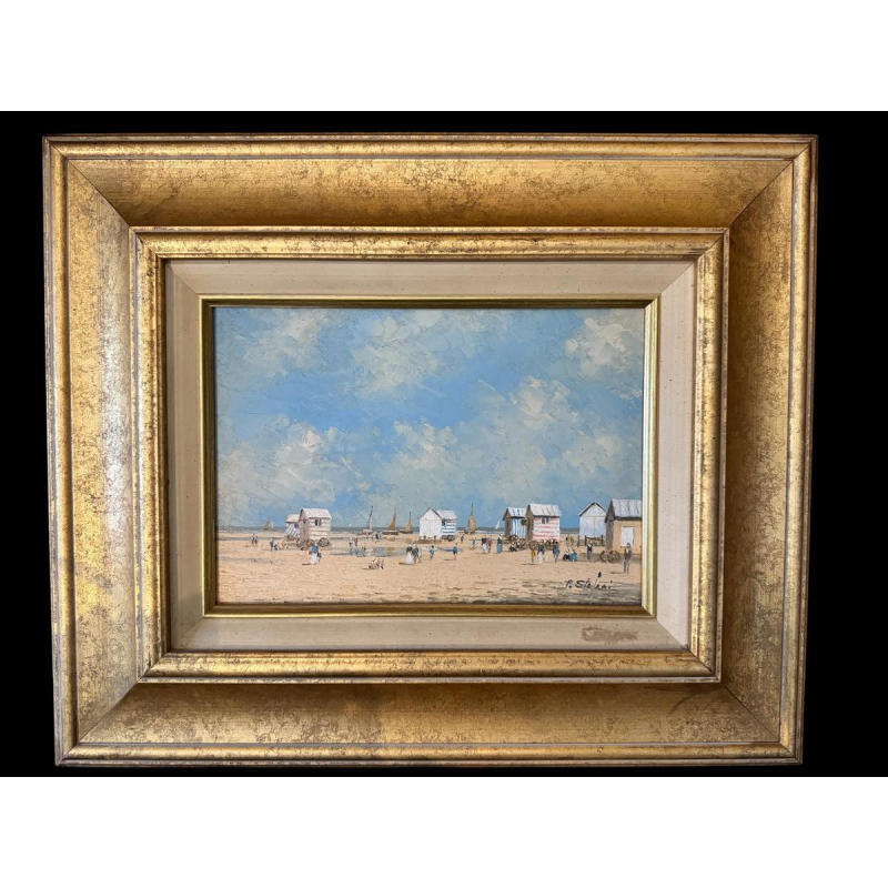 Pierre STEFANI «Le Touquet - cabines de plage à marée basse» peinture huile sur bois