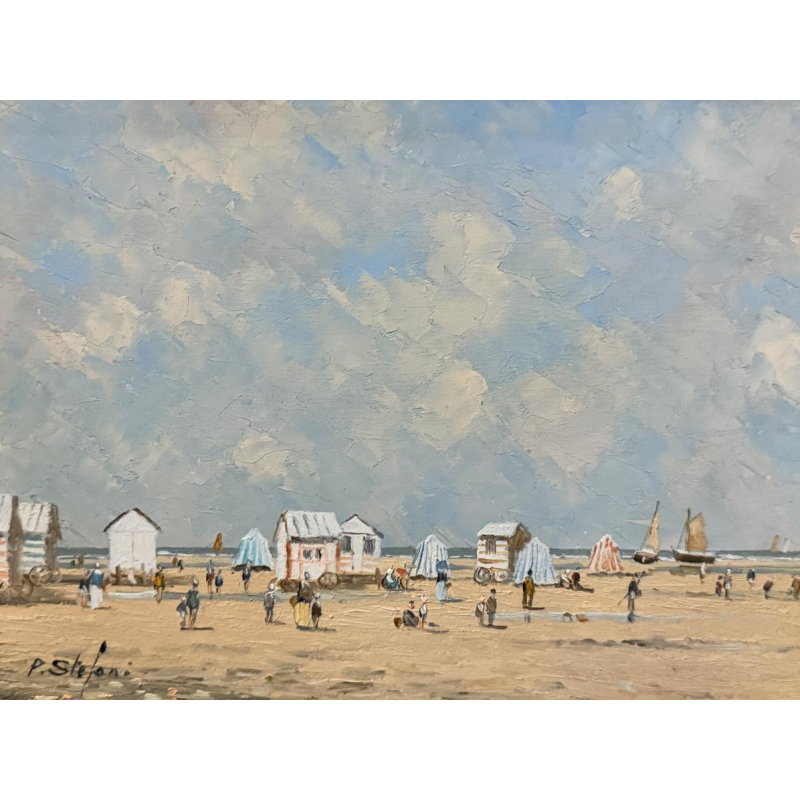 Pierre STEFANI «Cabines de plage à marée basse" Ostende?) tableau huile sur panneau