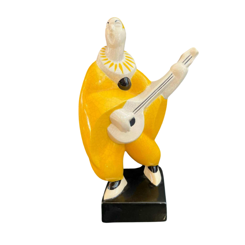 Geo Condé pour Luneville - Saint Clément, Art Deco sculpture The banjo player, polychrome ceramic cracked earthenware, 