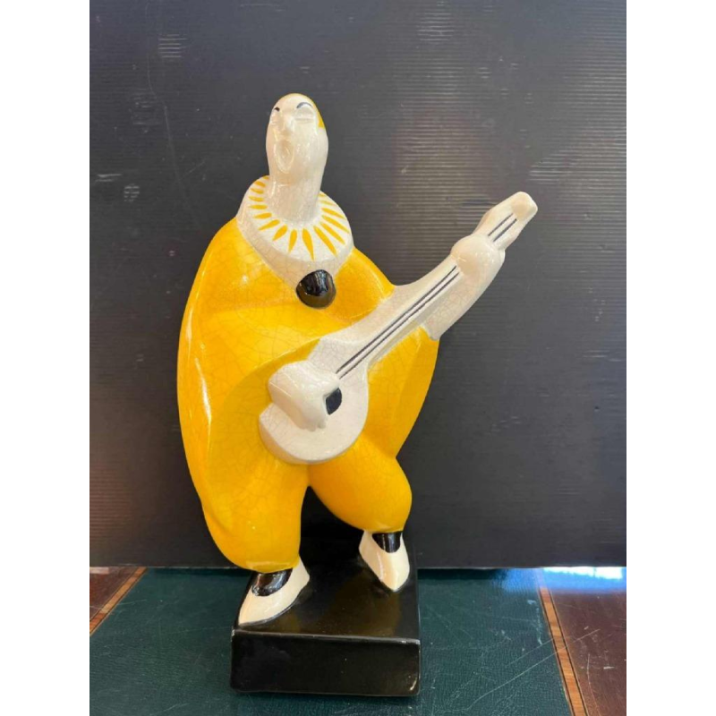 Geo Condé pour Luneville - Saint Clément, Art Deco sculpture The banjo player, polychrome ceramic cracked earthenware, 