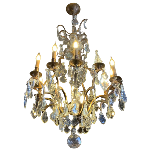 Large Cage Chandelier Louis XV Style Bronze Daggers Crystal, 19th Napoleon III