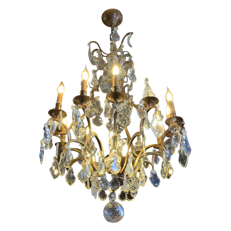 Large Cage Chandelier Louis XV Style Bronze Daggers Crystal, 19th Napoleon III