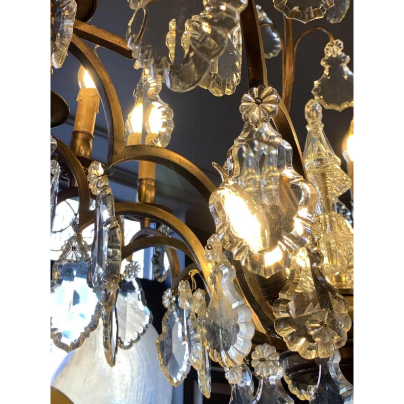 Grote kooikroonluchter Louis XV-stijl bronzen dolken kristal, 19e Napoleon III