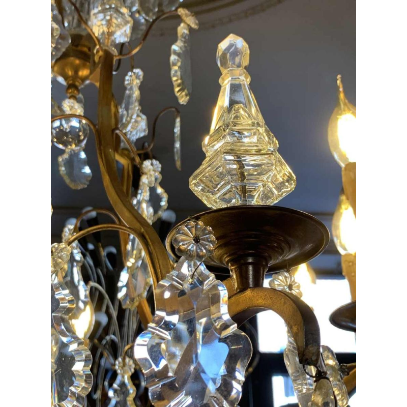 Large Cage Chandelier Louis XV Style Bronze Daggers Crystal, 19th Napoleon III
