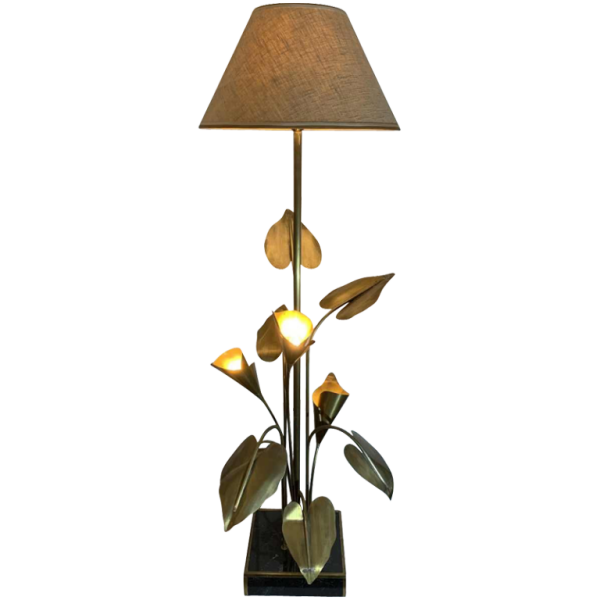 MAISON JANSEN, Palm Golden Brass Table lamp / Floor lamp, Arum Flowers 1970s