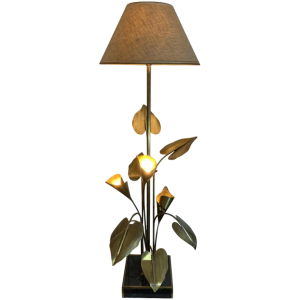MAISON JANSEN, Lampe à poser / Lampadaire " Palmier " Fleurs Arum en laiton 1970