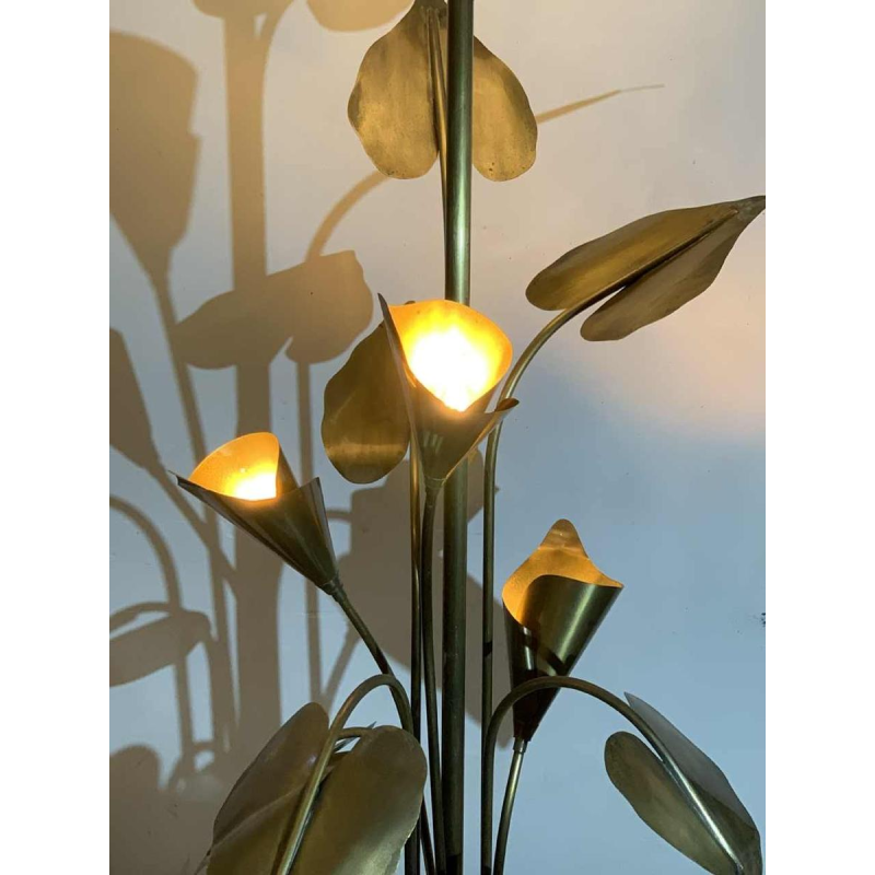 MAISON JANSEN, Palm Golden Brass Table lamp / Floor lamp, Arum Flowers 1970s