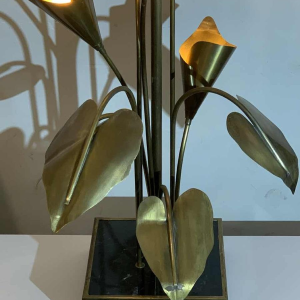MAISON JANSEN, Palm Golden Brass Table lamp / Floor lamp, Arum Flowers 1970s