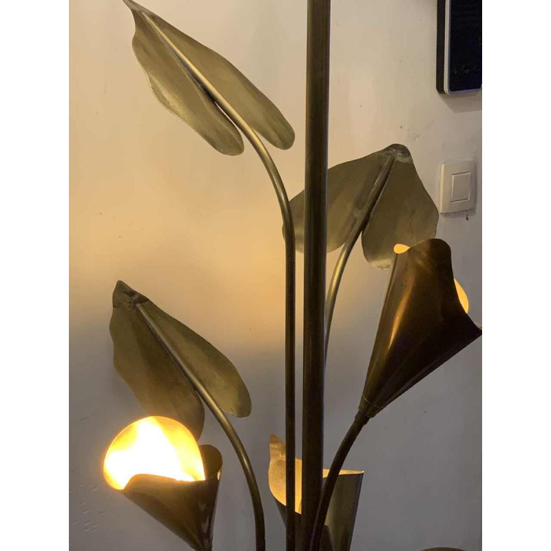 MAISON JANSEN, Palm Golden Brass Table lamp / Floor lamp, Arum Flowers 1970s