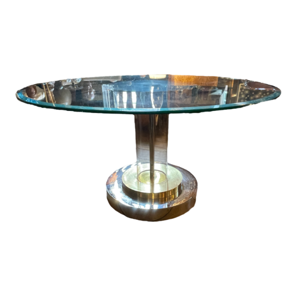 ROMEO REGA Hollywood Regency round table, central leg, steel chrome brass plexi