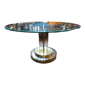ROMEO REGA Hollywood Regency round table, central leg, steel chrome brass plexi