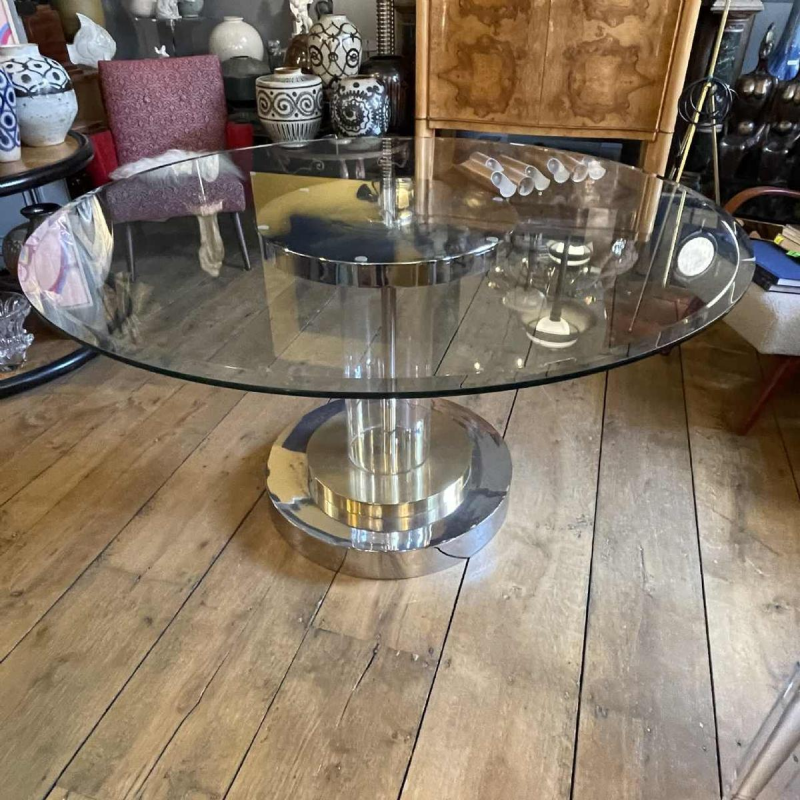ROMEO REGA Hollywood Regency round table, central leg, steel chrome brass plexi