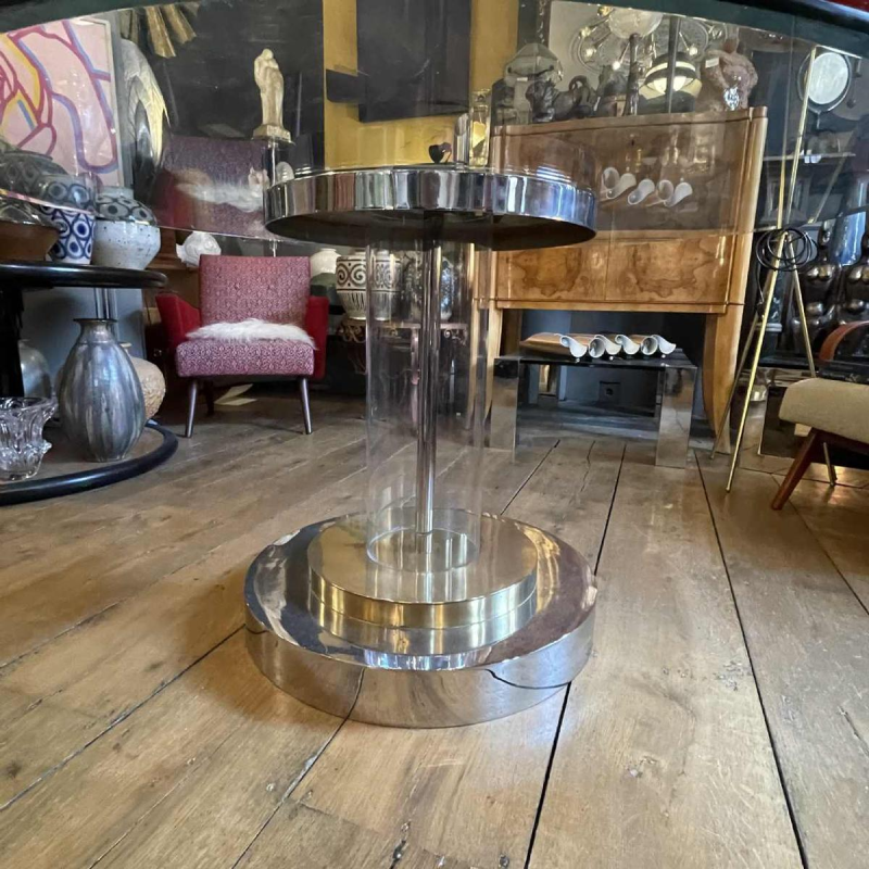 ROMEO REGA Tafel Hollywood Regency centraal voet acier chroom laiton plexi 1970s