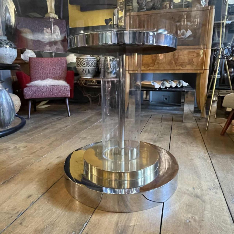 ROMEO REGA Hollywood Regency round table, central leg, steel chrome brass plexi
