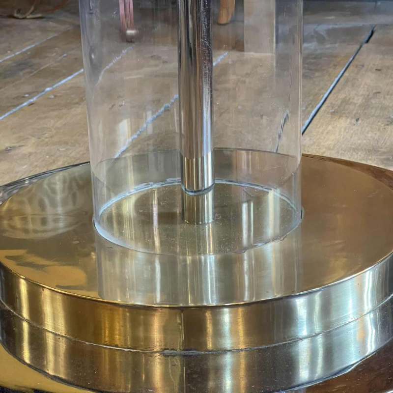 ROMEO REGA Hollywood Regency round table, central leg, steel chrome brass plexi