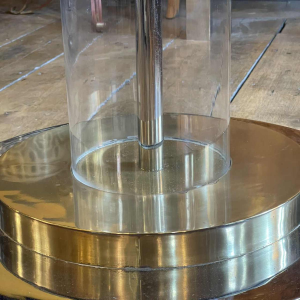 ROMEO REGA Hollywood Regency round table, central leg, steel chrome brass plexi