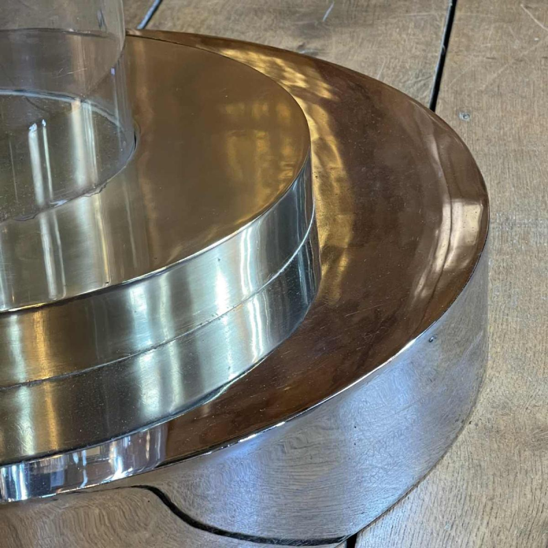 ROMEO REGA Hollywood Regency round table, central leg, steel chrome brass plexi