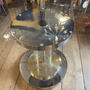 ROMEO REGA Hollywood Regency round table, central leg, steel chrome brass plexi