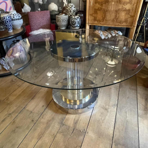 ROMEO REGA Hollywood Regency round table, central leg, steel chrome brass plexi