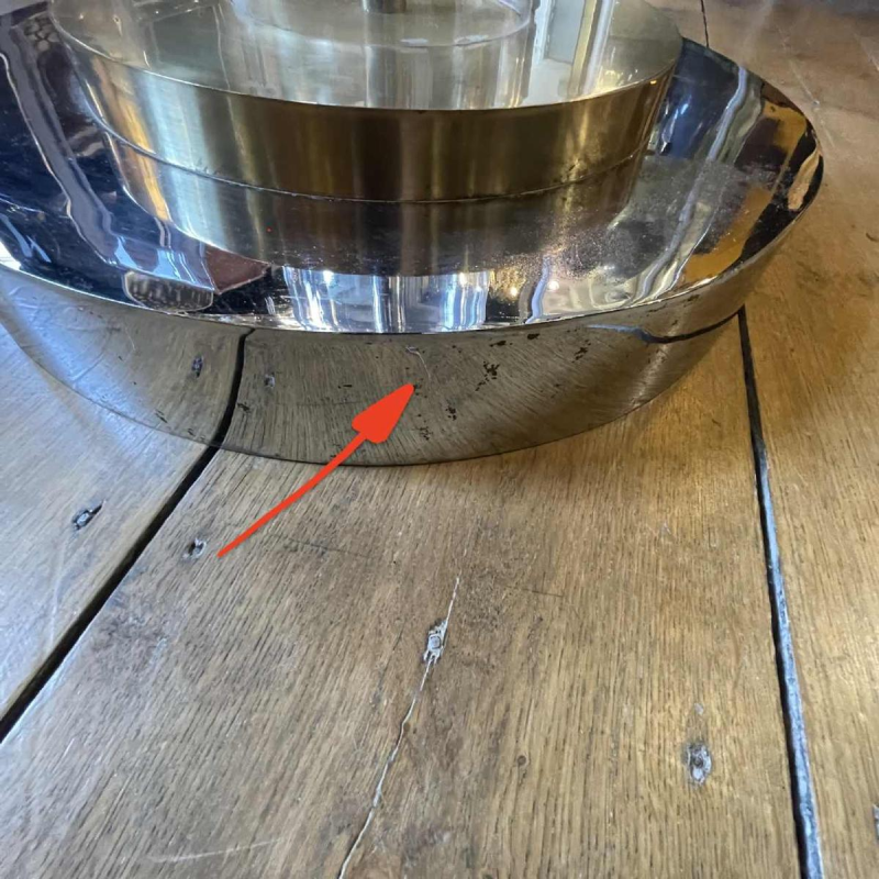 ROMEO REGA Tafel Hollywood Regency centraal voet acier chroom laiton plexi 1970s