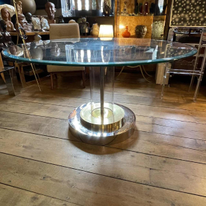 ROMEO REGA Hollywood Regency round table, central leg, steel chrome brass plexi