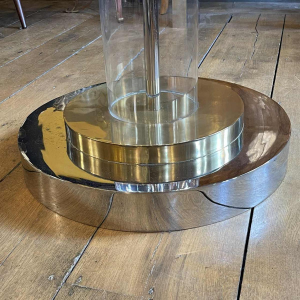 ROMEO REGA Tafel Hollywood Regency centraal voet acier chroom laiton plexi 1970s