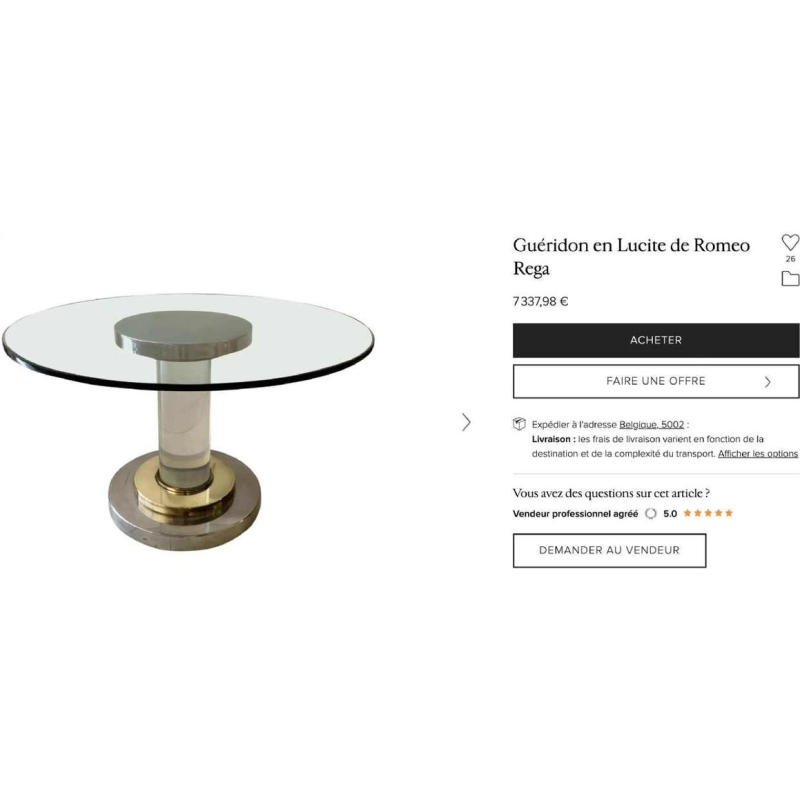 ROMEO REGA Tafel Hollywood Regency centraal voet acier chroom laiton plexi 1970s