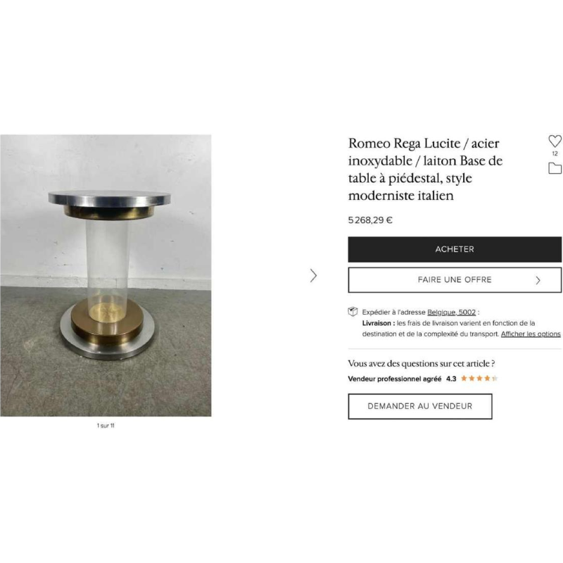 ROMEO REGA Table ronde Hollywood Regency pied central, acier chrome laiton plexi