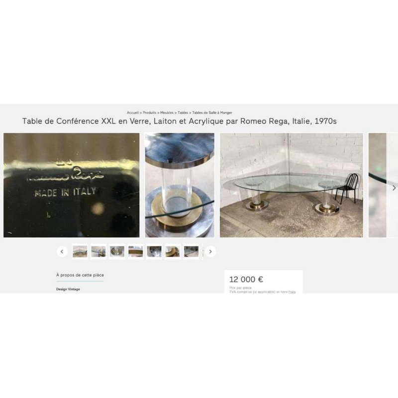 ROMEO REGA Tafel Hollywood Regency centraal voet acier chroom laiton plexi 1970s