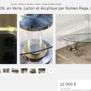 ROMEO REGA Tafel Hollywood Regency centraal voet acier chroom laiton plexi 1970s