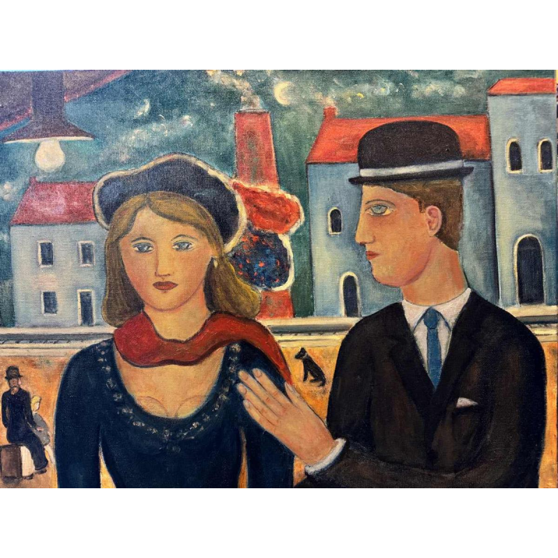 Marcel HOCQ "Sur le quai » peinture huile sur toile