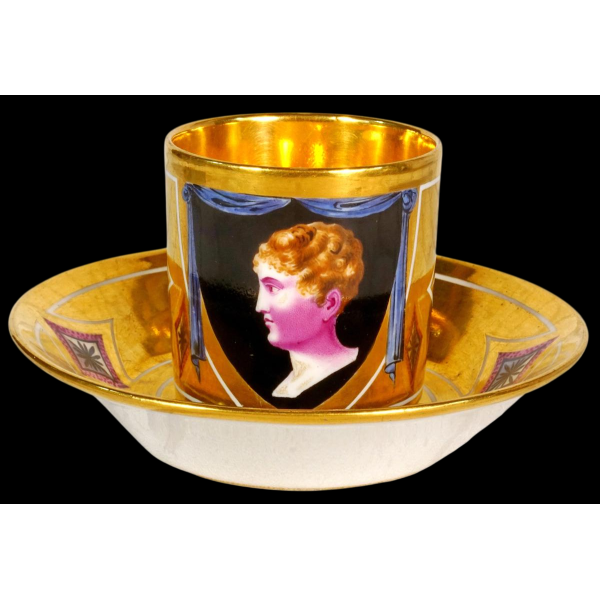 Paris porcelain, cup and saucer representing the King of Rome, Empire period