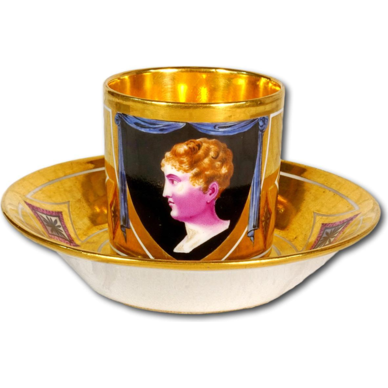 Parijs porselein, kop en schotel met voorstelling van de koning van Rome, Keizerrijk periode