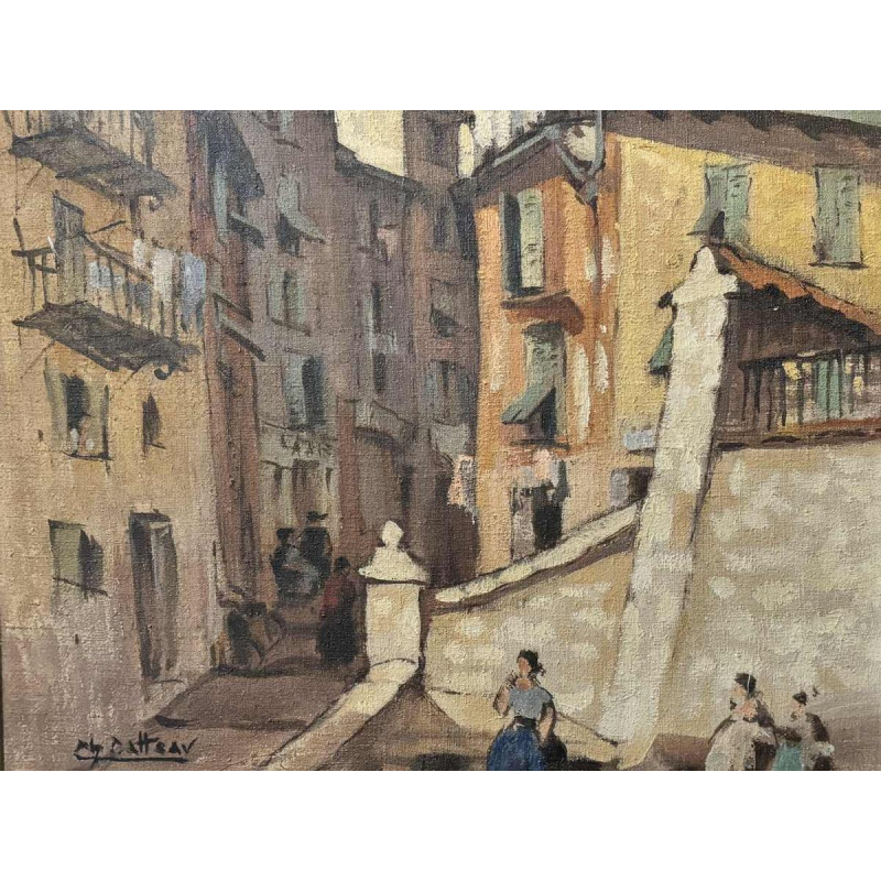 Charles CATTEAU (1880-1966): « Vieux Nice animé- Tour Saint Augustin »