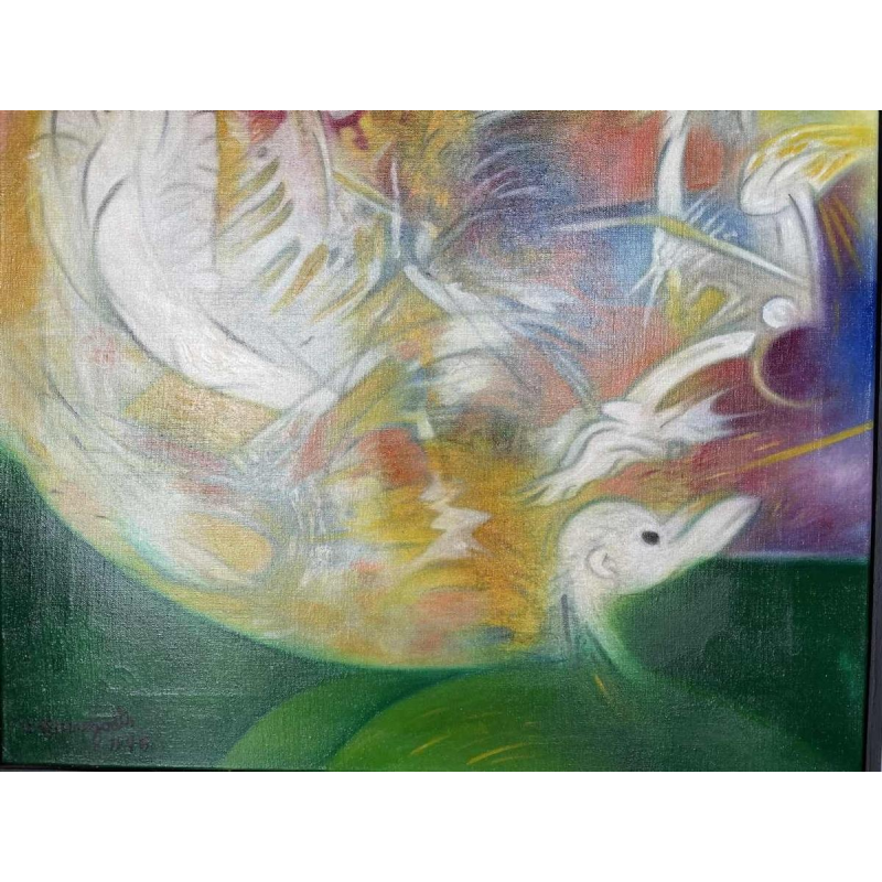 Urbain HERREGODTS (1935-1986) : « Poésie du vol » huile sur toile 71x54 cm