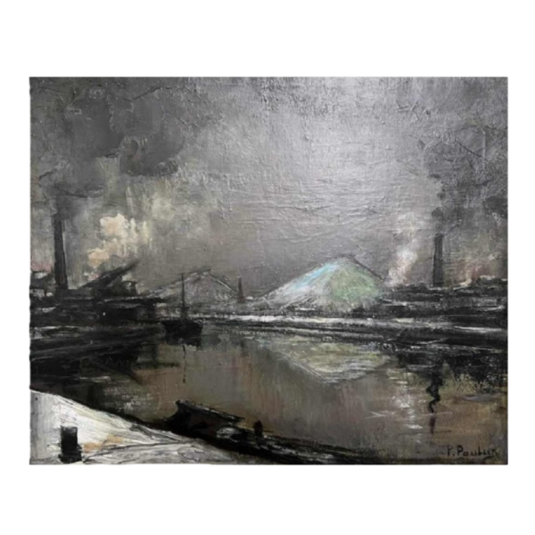 Pierre PAULUS “Industrieel landschap aan de oevers van de Sambre“ schilderij olieverf op doek, ca 1930