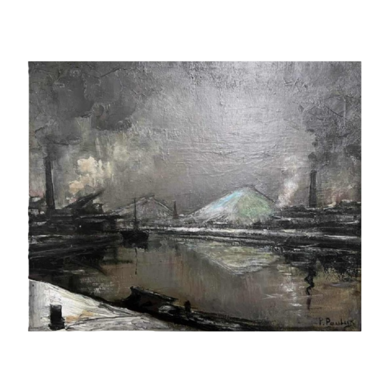 Pierre PAULUS “Industrieel landschap aan de oevers van de Sambre“ schilderij olieverf op doek, ca 1930