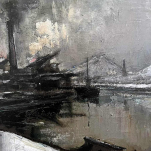 Pierre PAULUS “Paysage industriel sur les bords de la Sambre“ tableau huile sur toile, ca 1930