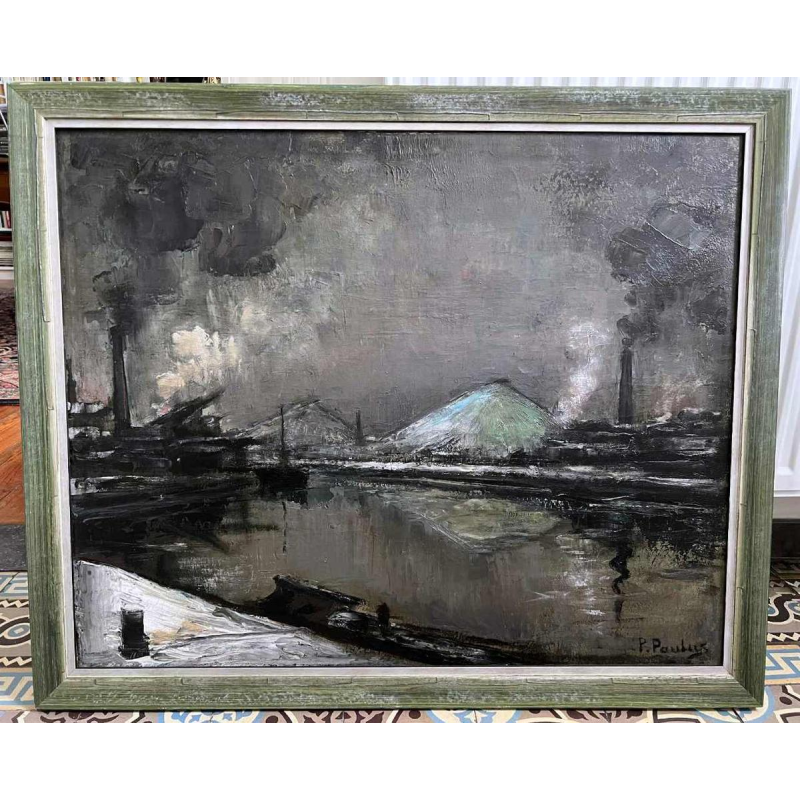 Pierre PAULUS “Industrieel landschap aan de oevers van de Sambre“ schilderij olieverf op doek, ca 1930