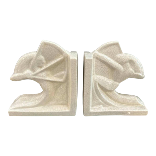 Louis Fontinelle 'Archers' pair of Art Deco cracked ceramic earthenware bookends, ca 1930