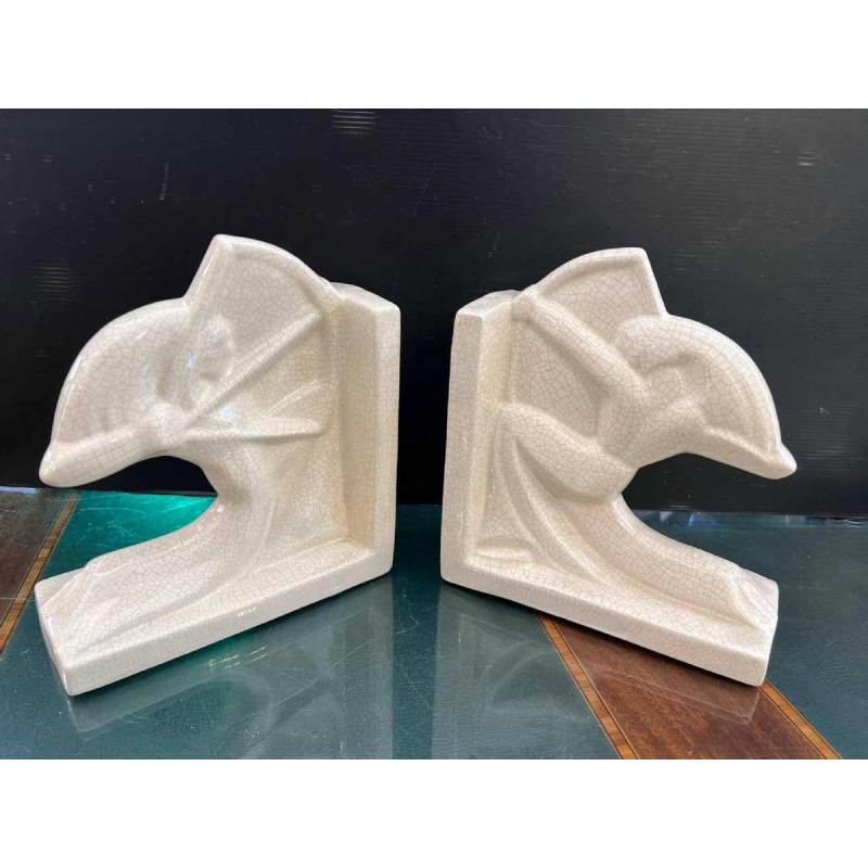 Louis Fontinelle 'Archers' pair of Art Deco cracked ceramic earthenware bookends, ca 1930