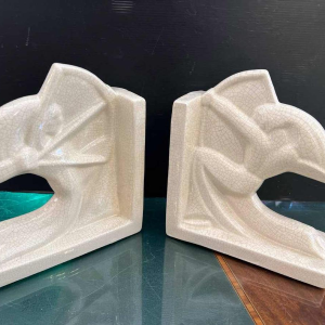 Louis Fontinelle 'Archers' pair of Art Deco cracked ceramic earthenware bookends, ca 1930
