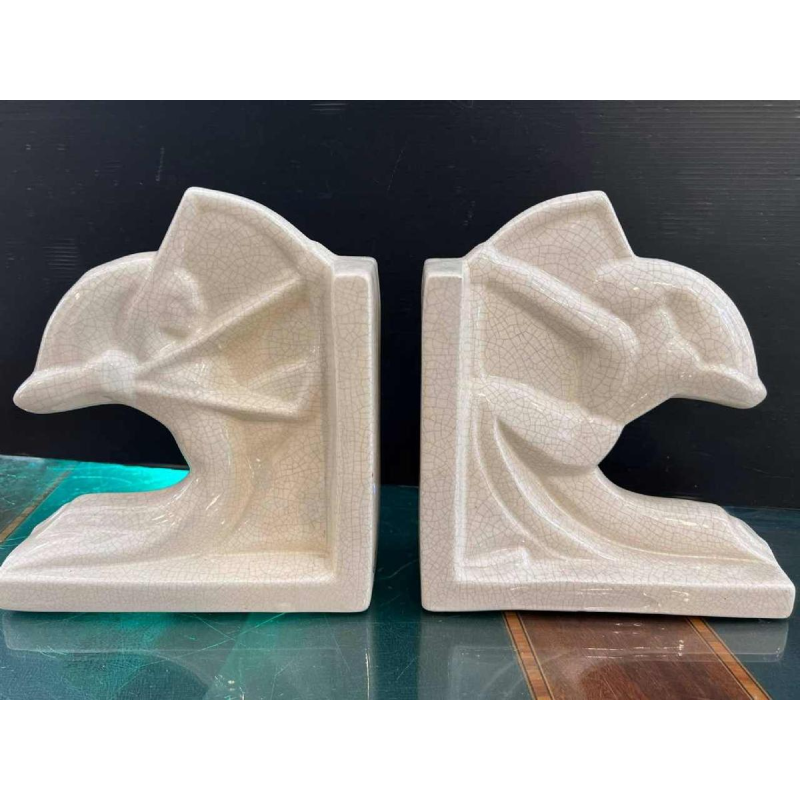 Louis Fontinelle 'Archers' pair of Art Deco cracked ceramic earthenware bookends, ca 1930