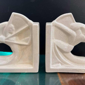 Louis Fontinelle 'Archers' pair of Art Deco cracked ceramic earthenware bookends, ca 1930